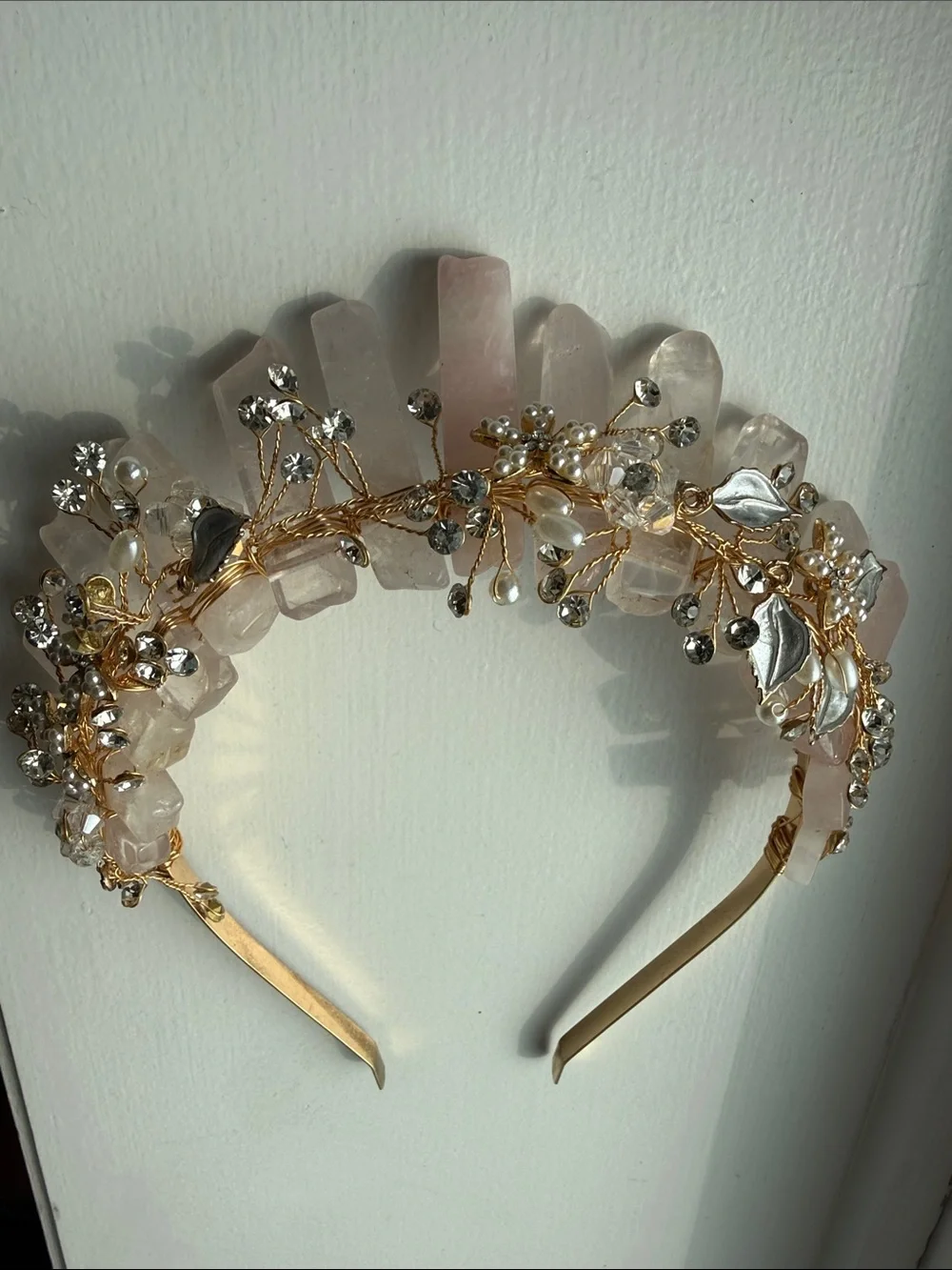 Handmade Rose Quartz Crystal Headband with Gold Accents